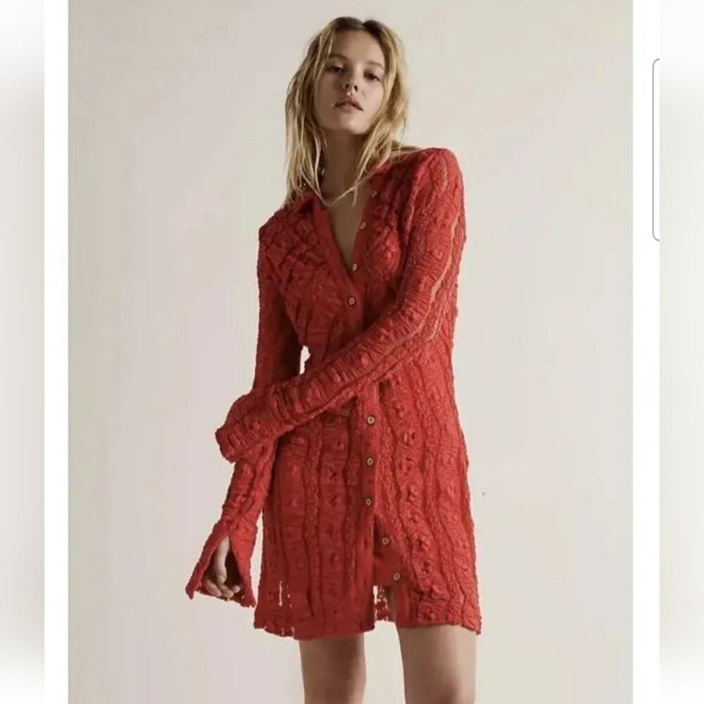 Free People Red Crochet Button-Up Midi Dress